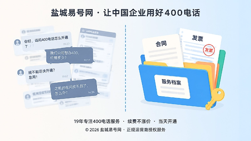 左侧是零散聊天气泡与截图，右侧是整齐的合同发票文件夹和钥匙，形成服务关系不透明与规范归档的对比